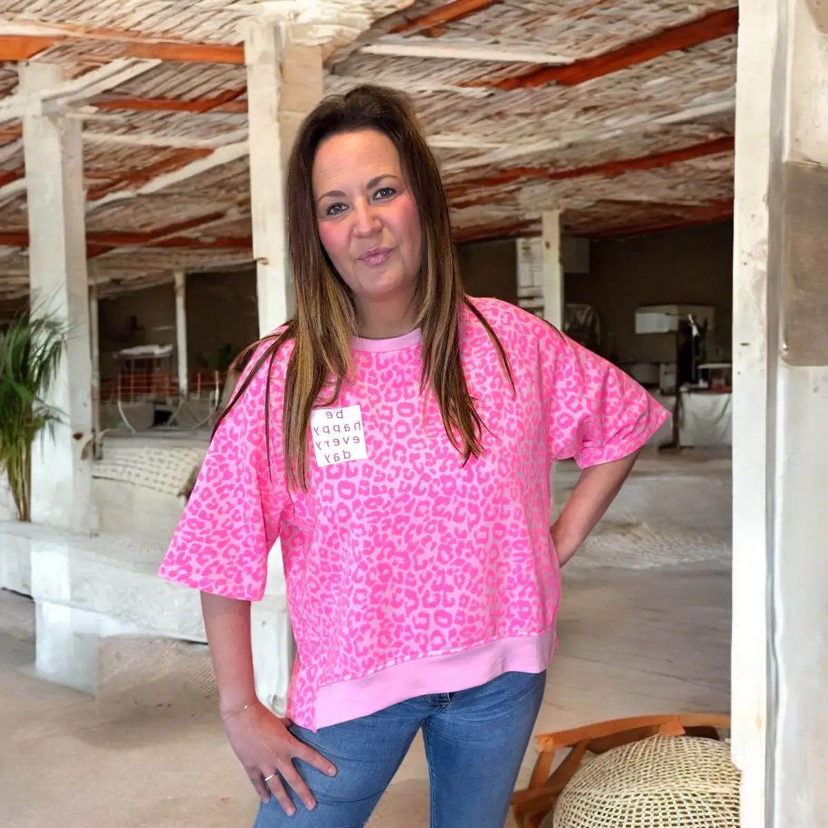 T shirt sweat BE HAPPY rose