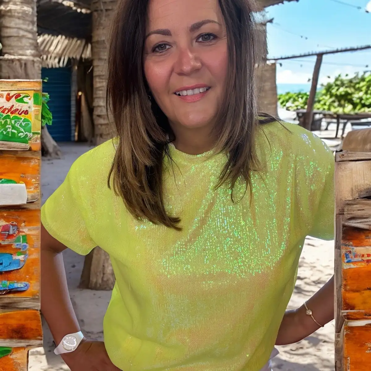 T shirt à sequins jaune fluo