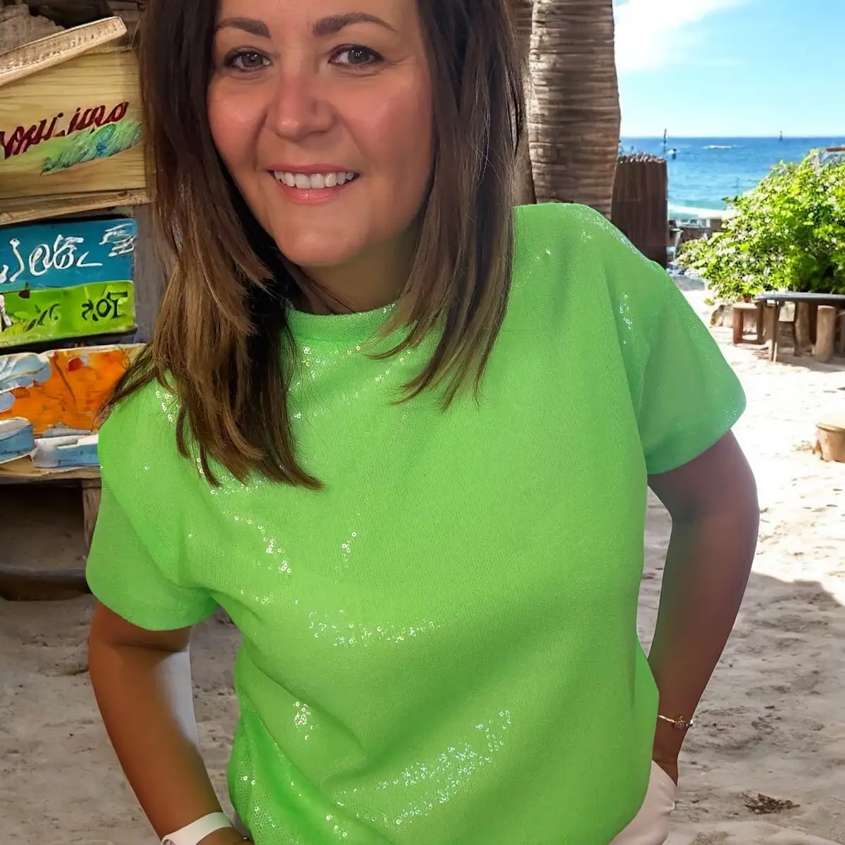 T shirt à sequins Vert fluo