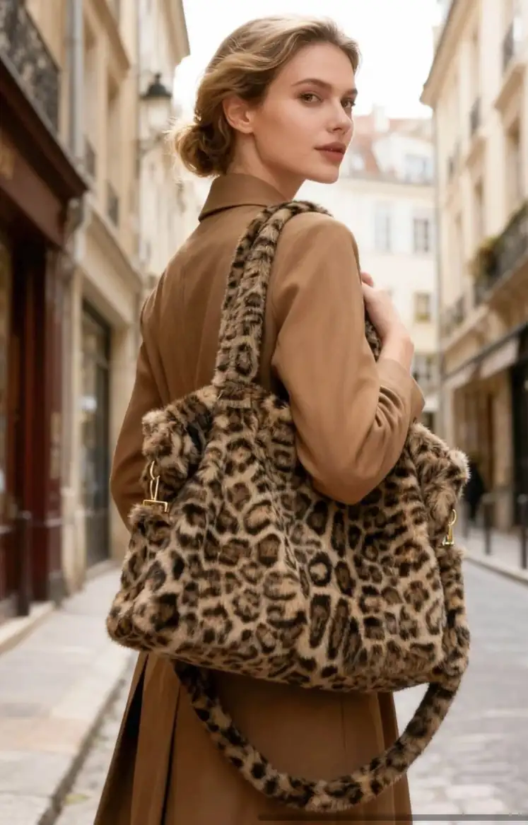 Sac oversize fourrure Léopard Camel